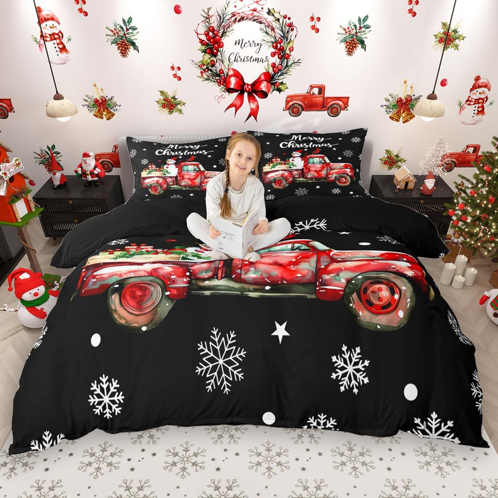 Homewish Cartoon Snowman Duvet Cover Set for Kids 2pcs/3pcs, Christmas Bedding Set for Girls Boys, Xmas Tree Farm Truck Bed Set