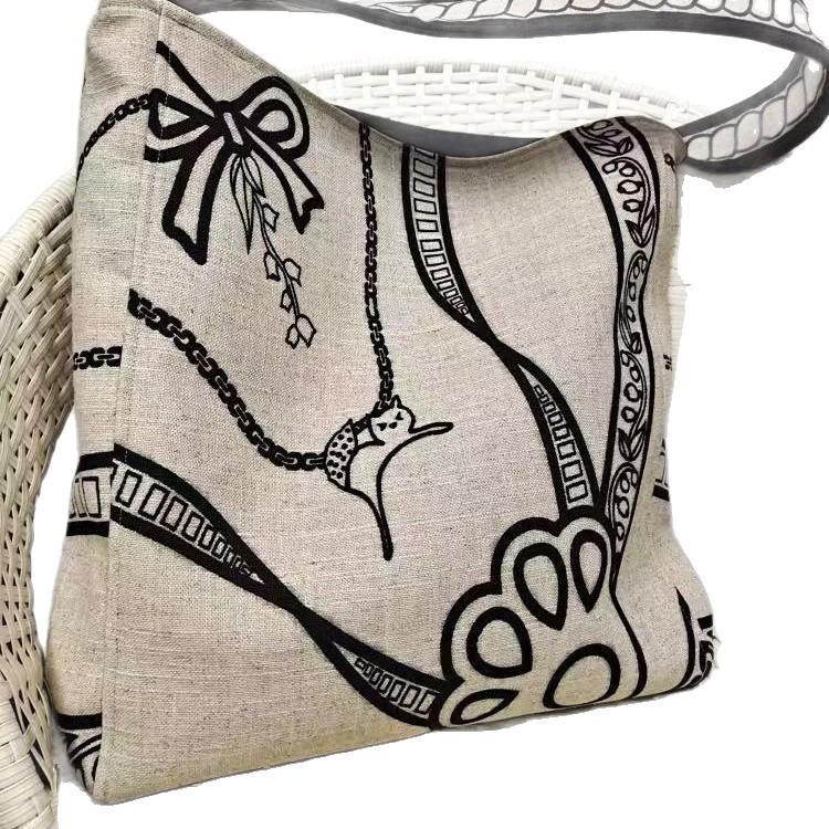 Linen Large Capacity Canvas Tote - Natural Woven Cloth Bag with Totem Design