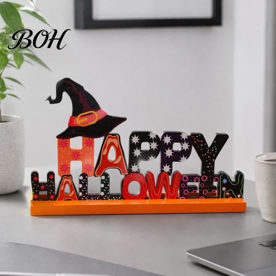 Creative Festival Table Signs Wooden Halloween Ornament, Trick or Treat/Boo/Happy Desktop Decoration Decorative Wood Lettering with Ghost Wizard