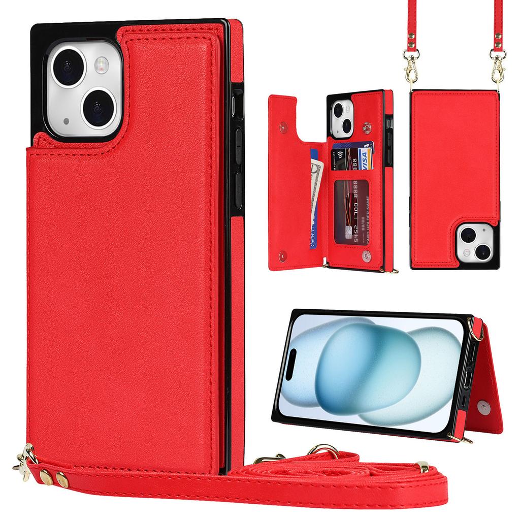 For iPhone 15 RFID Blocking Card Holder Back Cover Kickstand Phone Case with Shoulder Strap