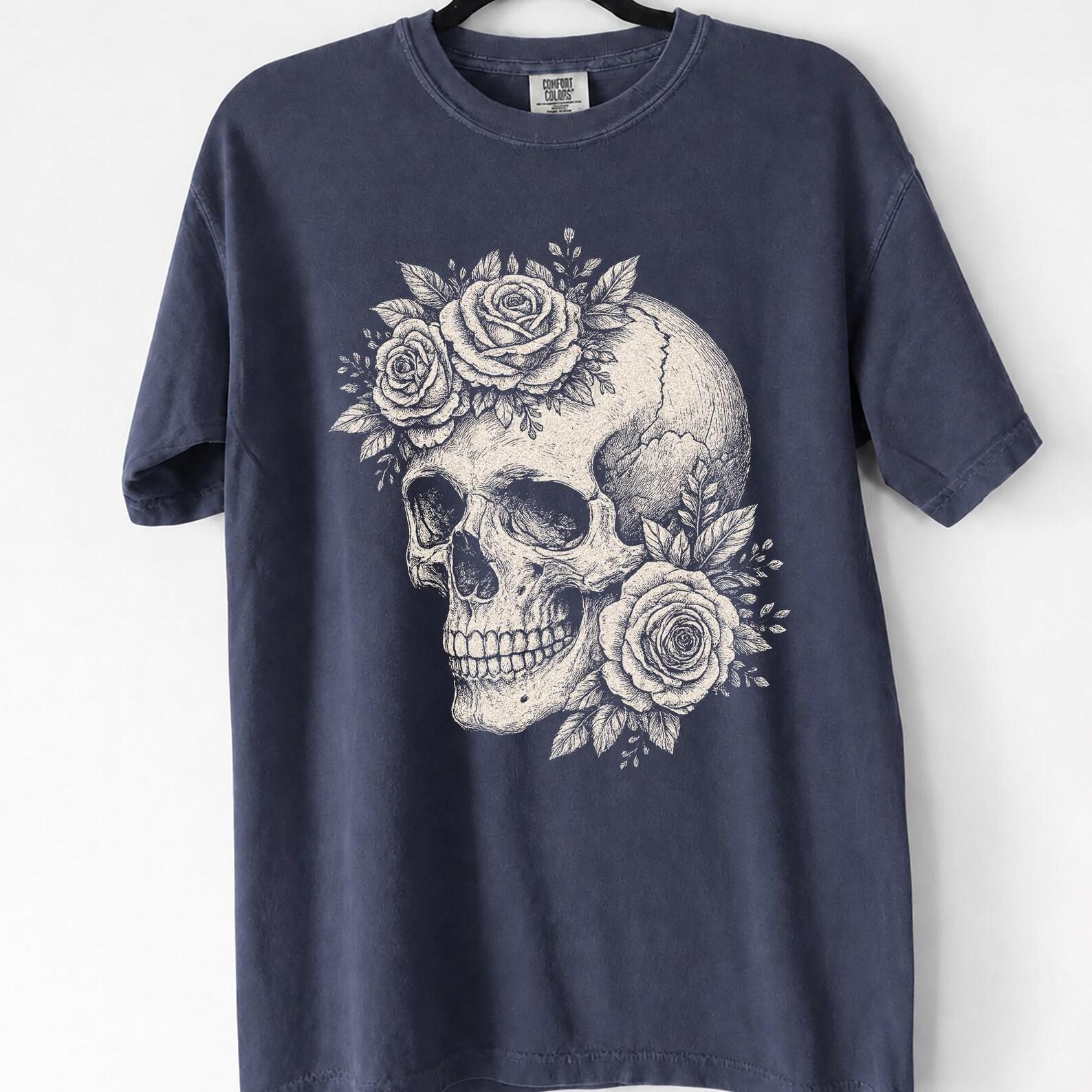 Floral Skull Vintage Shirt, Dark Gothic Botanical Tee, Retro Halloween Graphic Gift Apparel Top L