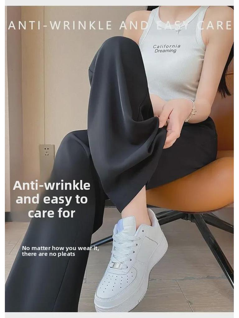 Women's 2025 Black Ice Silk Suit Pants: Spring/Summer Straight-Leg, Petite/Wide-Leg Casual Style
