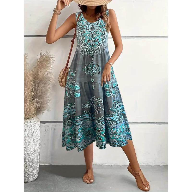 JKASHDK Kvinnemote Sommer Vårblomstmønster Print Ermeløs O-hals Løs midje Fritidskjoler