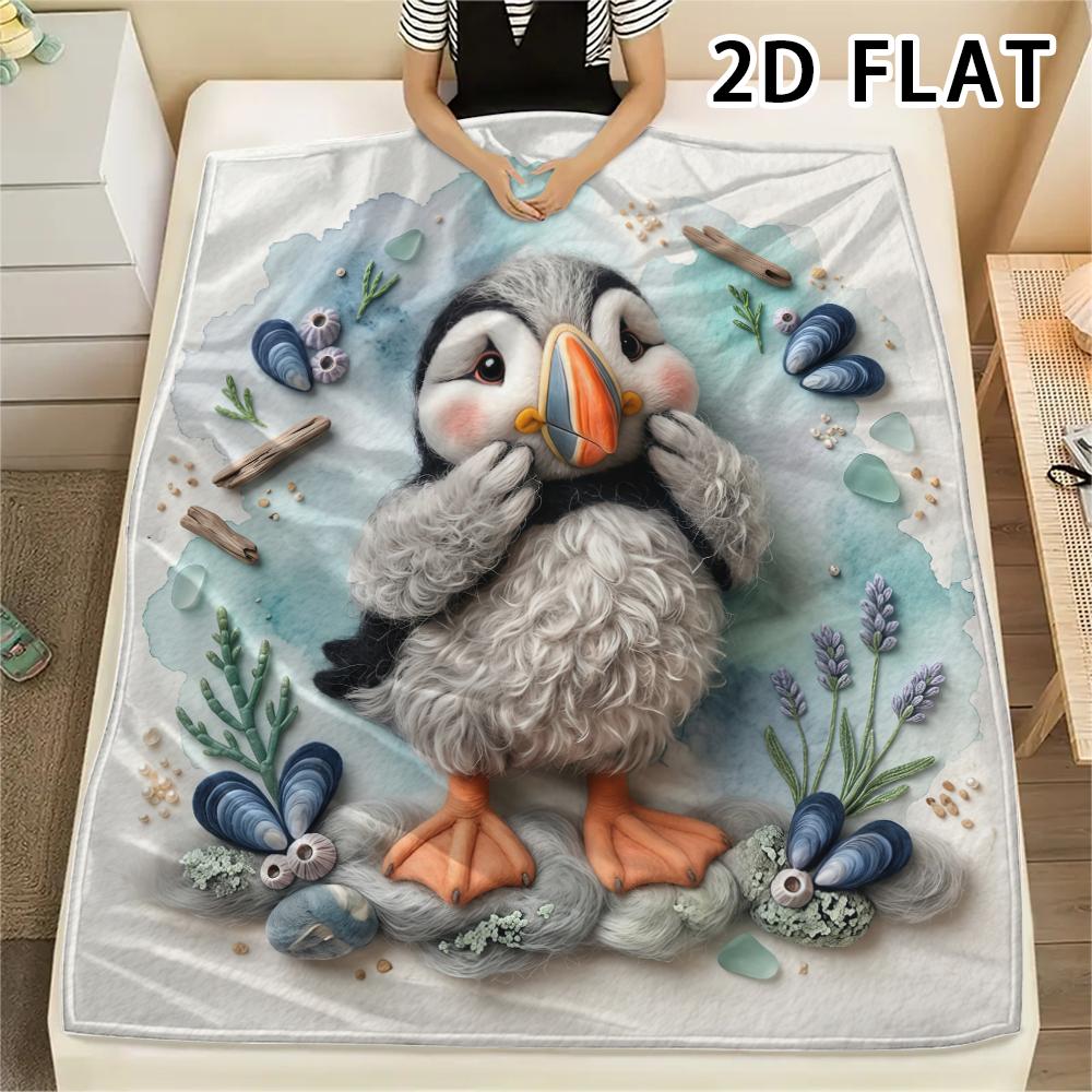 1Pc 2D FLAT Realistic Puffin Print Flannel Blanket,High quality Comfortable for All Seasons,Home Decor,Warmth and Comfort,Perfect for Christmas Gifts