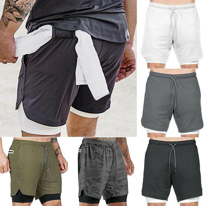 Men's Camo Running Double-deck Stretchy Quick Dry Gym Shorts With Secure Phone Bag