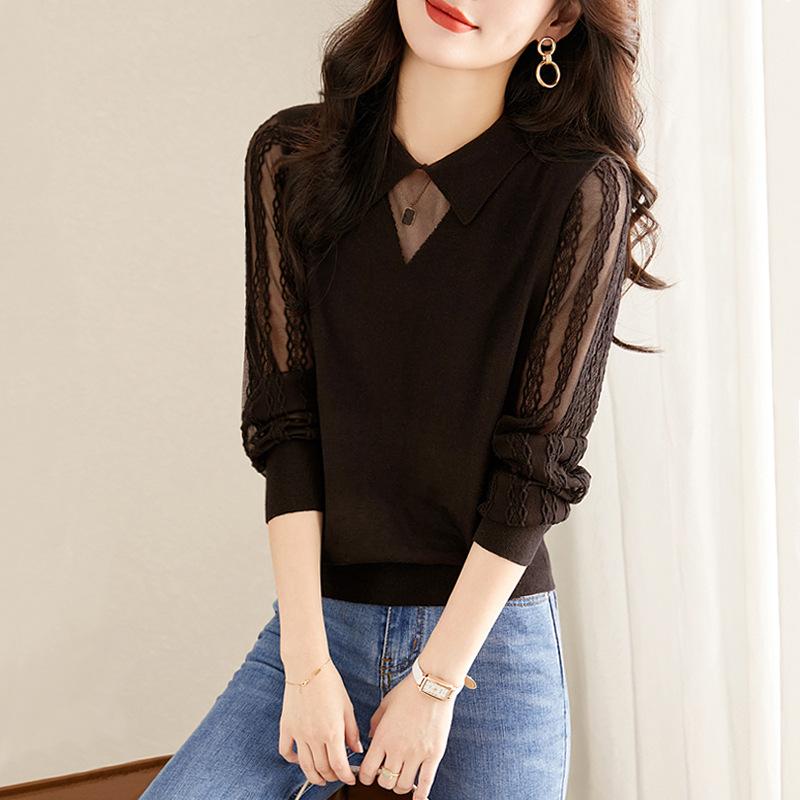 

Женская рубашка с длинным рукавом Новая весенне-осенняя красивая кружевная блузка с нижней рубашкой Вязаный свитер one size fits all темно-коричневого