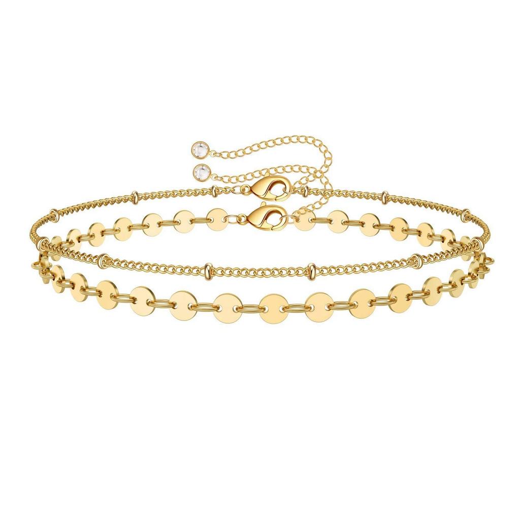 Stainless Steel Double Layer Bead Chain Bracelet Set: Fade-Resistant 18K Gold Round Disc for Women.