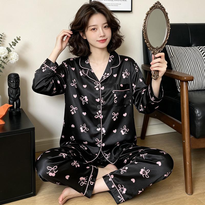 Sweet and high-value butterfly print ice silk pajamas women's ins loungewear long-sleeved trousers two-piece set