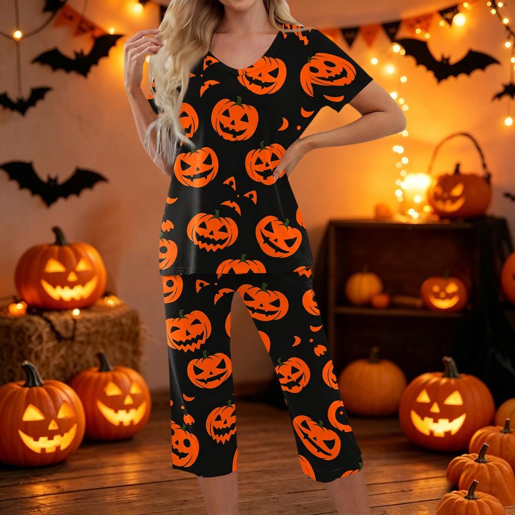 Women Two Piece Halloween Print Set Short Sleeve Top and Cropped Pants Casual Sportswear Outfit for Daily Wear Lounge Home