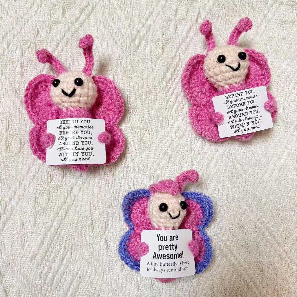 Funny Crochet Positive Emotional Support Butterfly Doll Home Room Decoration Handmade Knitted Butterfly Desktop Ornament Gift