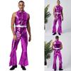 Heren Retro 70s Disco Outfit Metaalachtig Glanzend Mouwloos Jumpsuit met Reverskraag en Wijde Pijpen voor Podiumoptreden