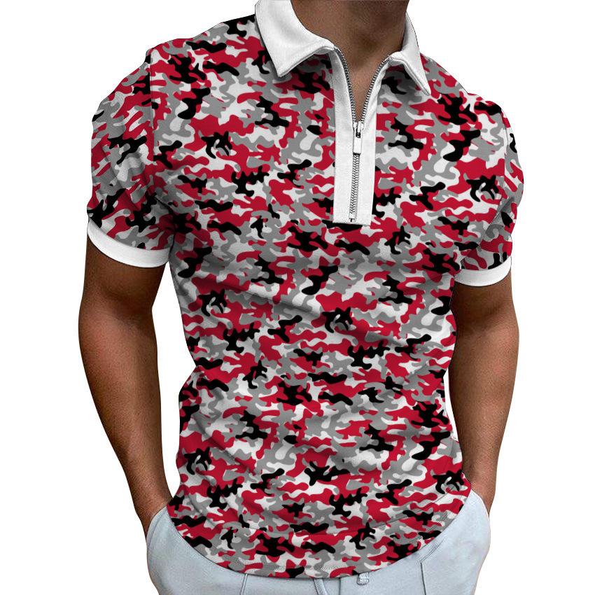 Zip-up Short-sleeve Polo Shirt, Stylish Camo, Casual and Versatile for Daily Wear.