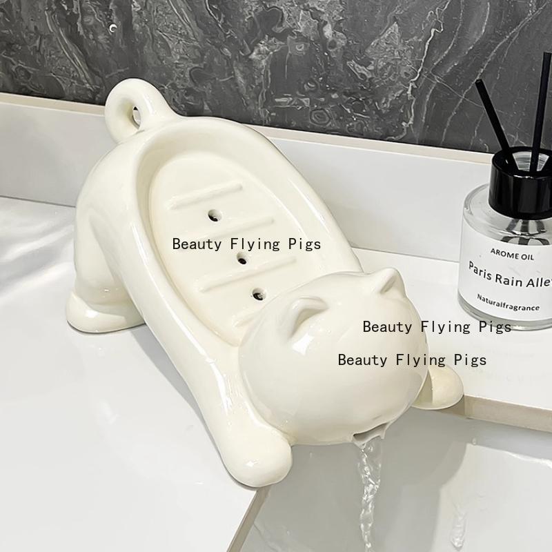 Ceramic Cat Soap Dish Cartoon Soap Storage Box Ceramic Premium Drain Soap Box Handwashing Table Ornament with Drainage Holes