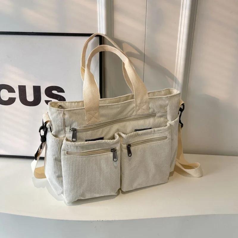Female Large Capacity Corduroy Tote Bag New Korean Style Fashion Women Shoulder Crossbody Bag Worker Commuter Tote Handlebag