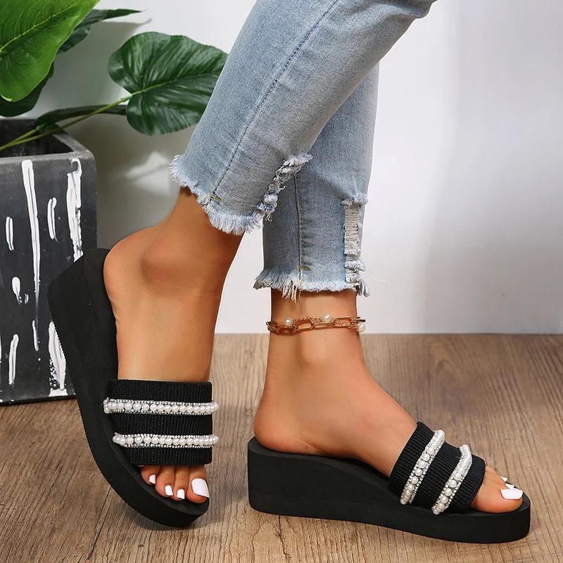 Fashion Pearls To Decorate Slippers Woman Summer Wedge High Heel Sandals for Women Daily Lightweight Soft Bottom Non Slip Slides Mujer
