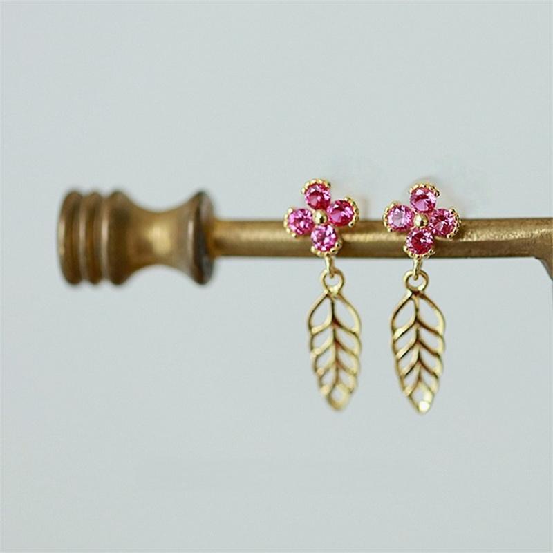 S925 Sterling Silver Plated 14K Gold Red Zircon Flower Leaf Earrings Exquisite Temperament Fashion Jewelry Gifts for Women Gold