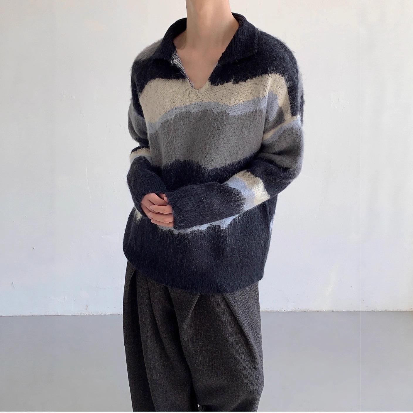 

Unisex Retro Color Block Polo Collar Knit Sweater for Autumn/Winter Large чорний