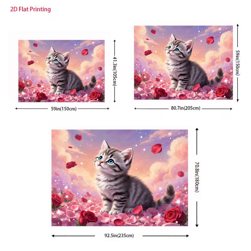 2D Dreamy Cat Tapestry, Adorable Kitten Surrounded by Red Roses and Sparkles Wall Decor