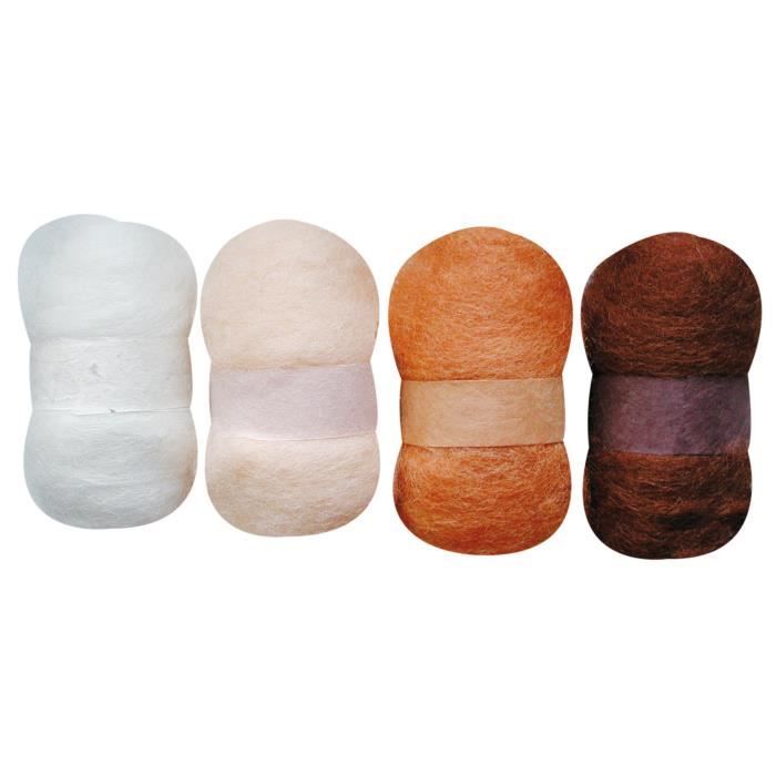 Laine cardée - L'Univers de Piwi - Tons marron - 4 nappes de 20 g - Feutrage facile - Mixte