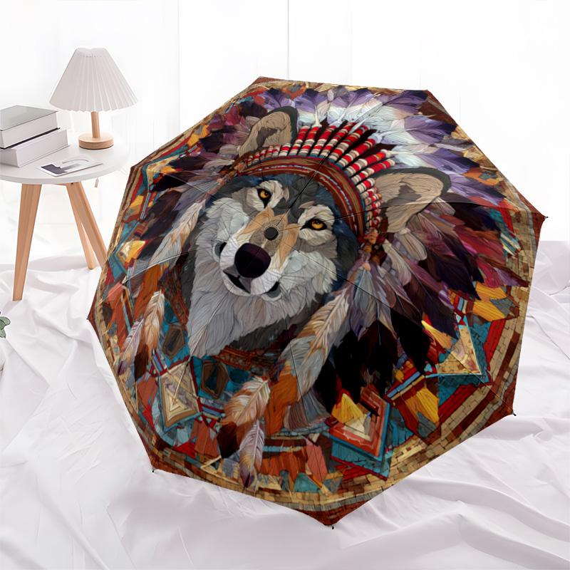 1 PC Automatic Folding Umbrella - Wolf Pattern, Portable & Foldable Design with 8 Ribs, Christmas Birthday Gifts