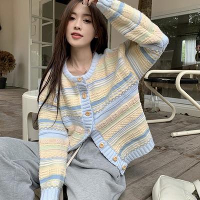Early Spring and Autumn New Knitted Cardigan Loose Striped Outerwear Versatile Sweater Thin Jacket Ladies