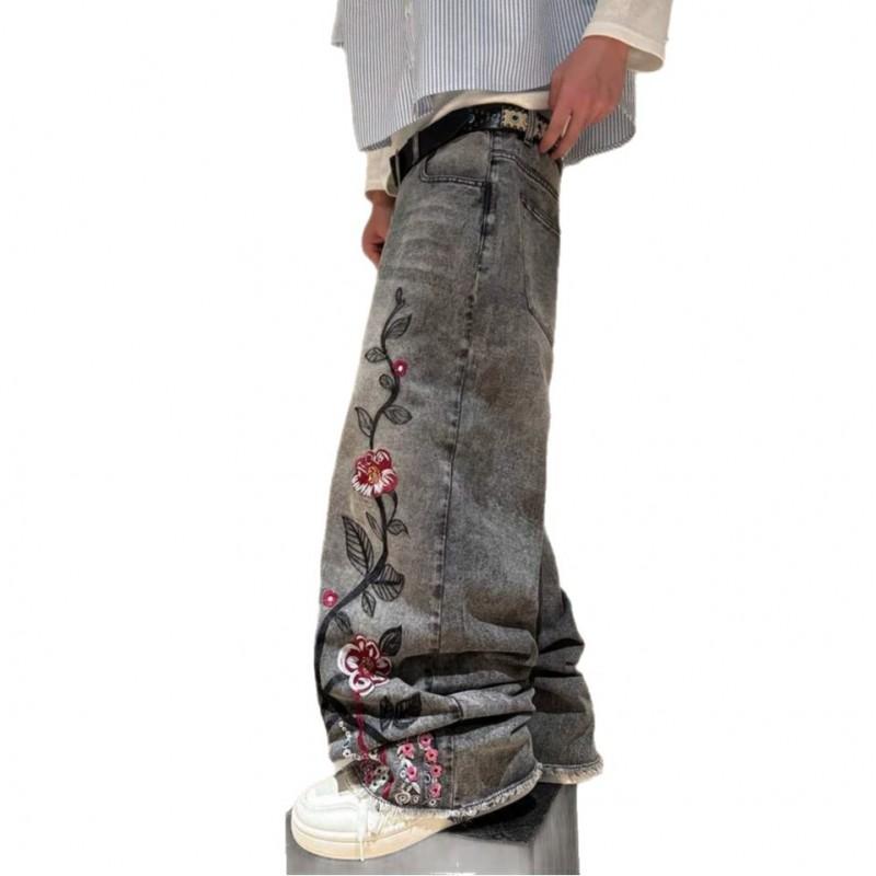 Jeans en Denim Coupe Droite Brodés Fleurs de Cerisier Style Street Gothique Unisexe Vêtement Décontracté Jeune