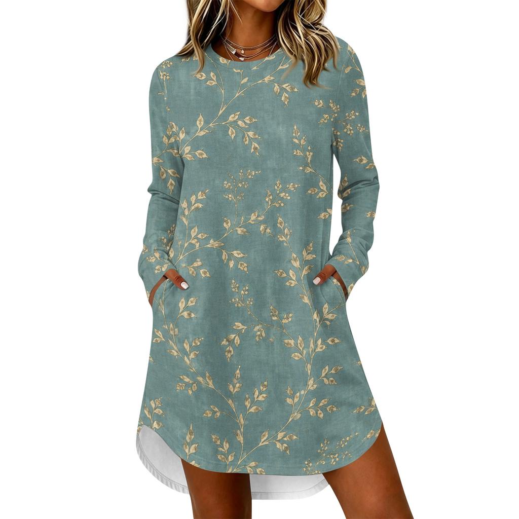 Women's Casual Floral Print Long Sleeve Round Neck Dress