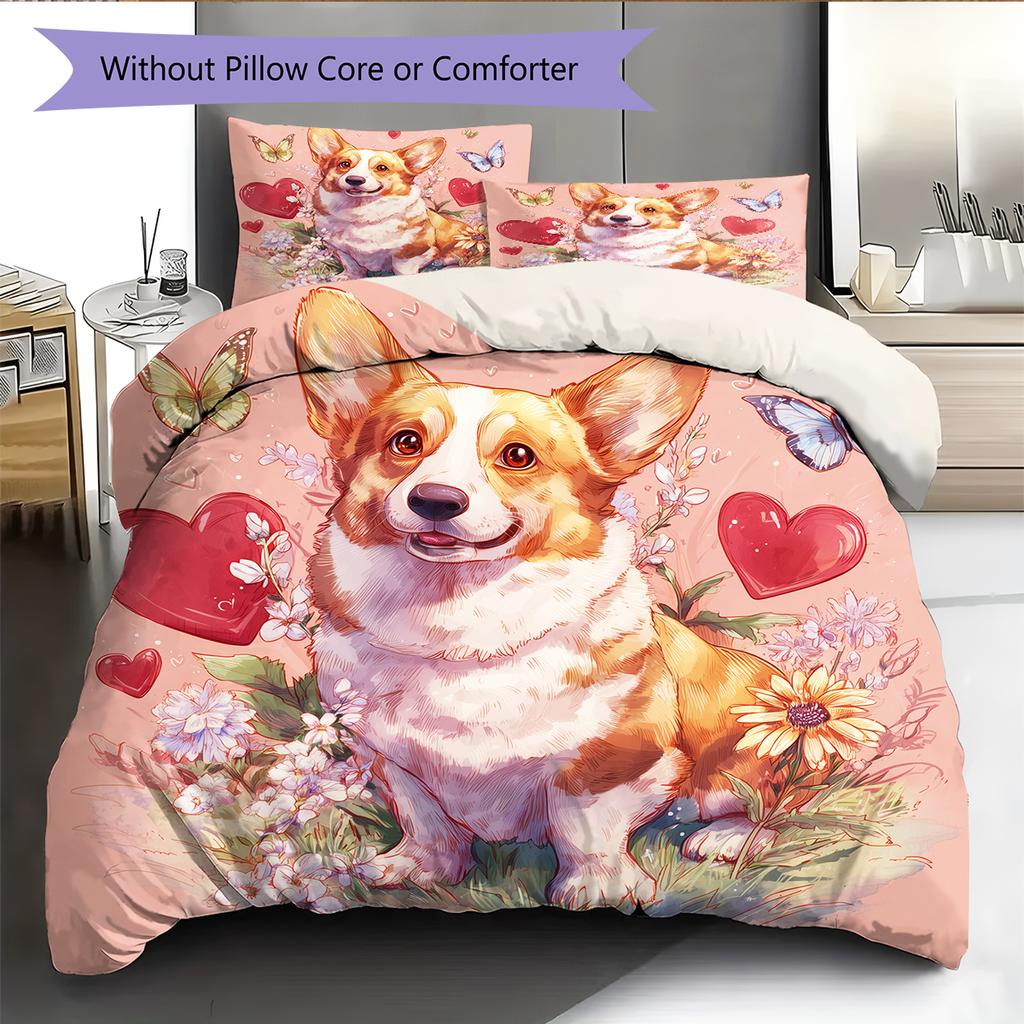 Pink Corgi Pattern Bedding Home Decoration Birthday Gift (1 * duvet cover + 2 * pillowcase, without core)