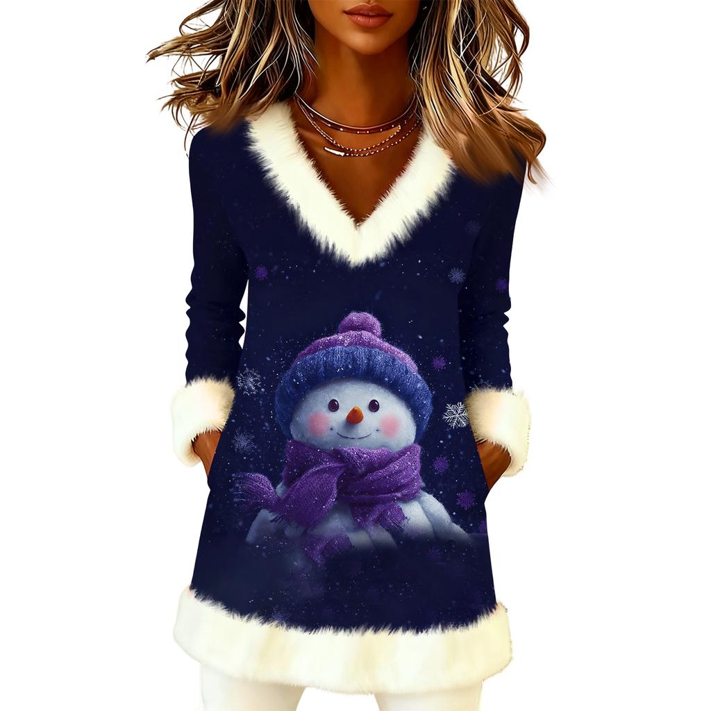 Women's Christmas Fashion Plush V-Neck Pullover Printed Long-Sleeved Top