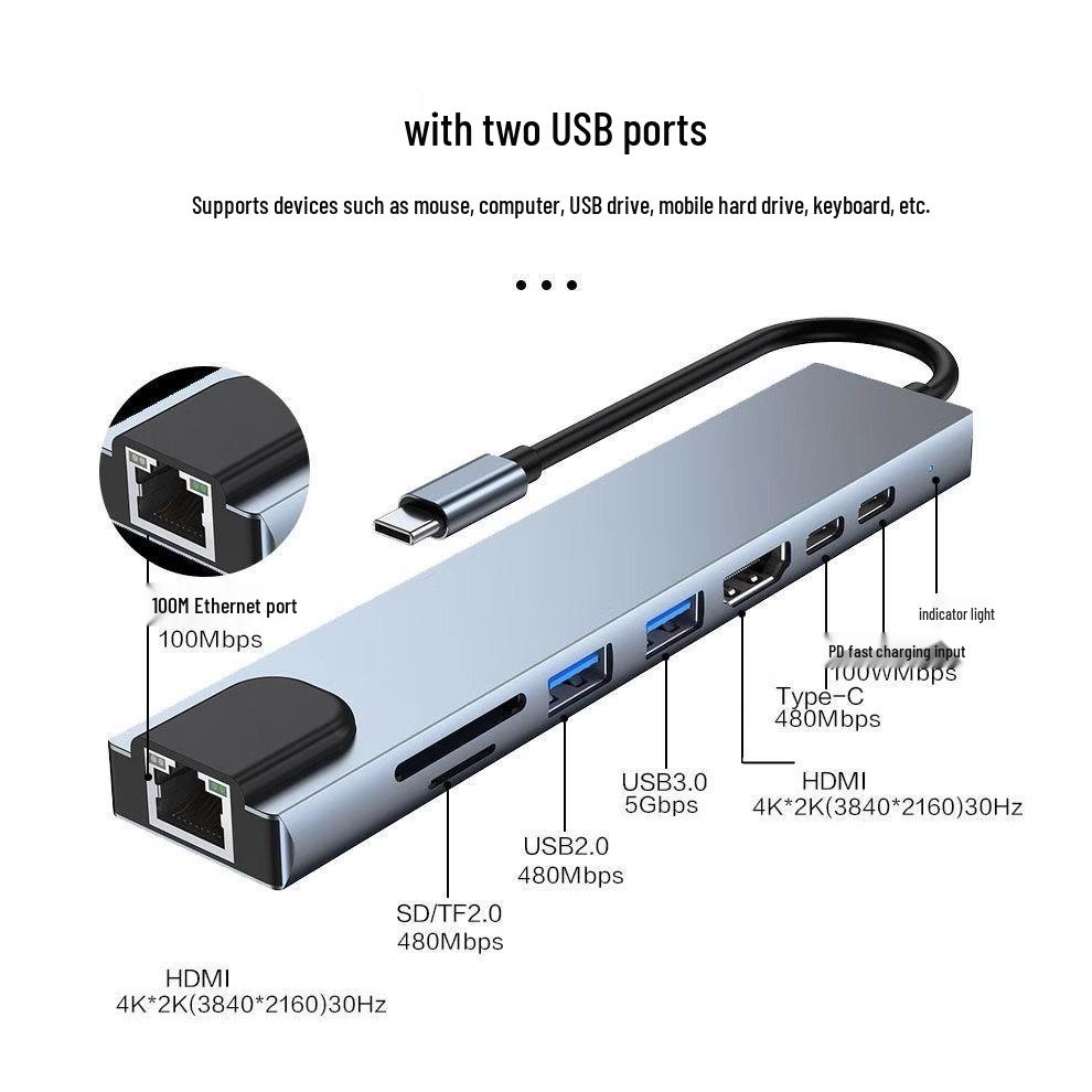 8-in-1 Type-C Multi-Port Hub with Ethernet & USB 3.0 Expansion Dock