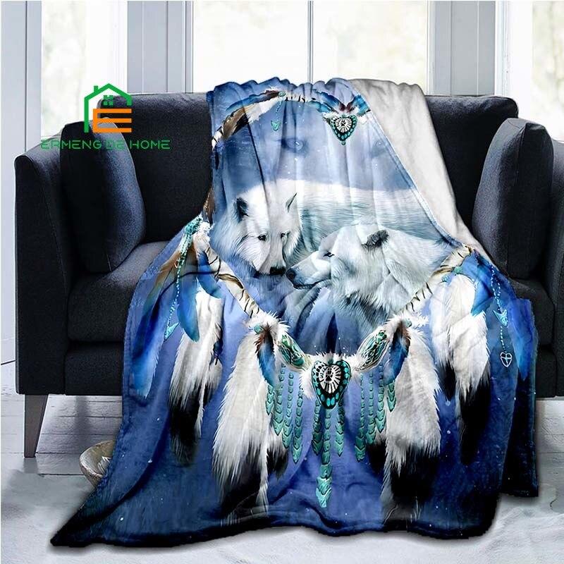 Dreamcatcher Wolf Flannel Throw Blanket Warm Blanket for Home, Picnic, Travel, Plane, Office and For Adult, Kid, Elderly 5 Sizes