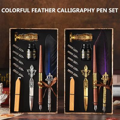 European Style Quill Pens Set with Ink New Retro Dipping Quill Pen Wholesale Lacquer Seal Student Dip Pencil Feather Pe-n Gifts