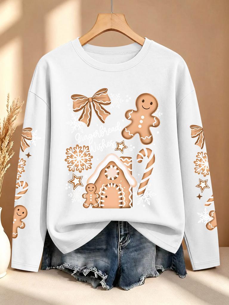 Women's Autumn and Winter Outfit Gingerbread House Candy Cane Bow Multiple Sleeve Printed Long Sleeve T-Shirt