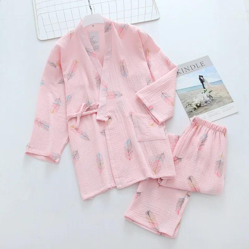 Pijama feminino primavera e verão conjunto de duas peças calças manga três quartos algodão puro crepe renda conjunto de roupa para casa