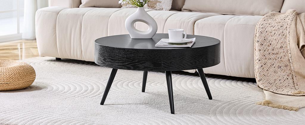 Tavolino da Caffè Rotondo con Diametro 70 cm in Legno Nero (MDF) & Gambe in Metallo Nero. Design Minimalista, Ideale per Soggiorno e Spazi Piccoli.