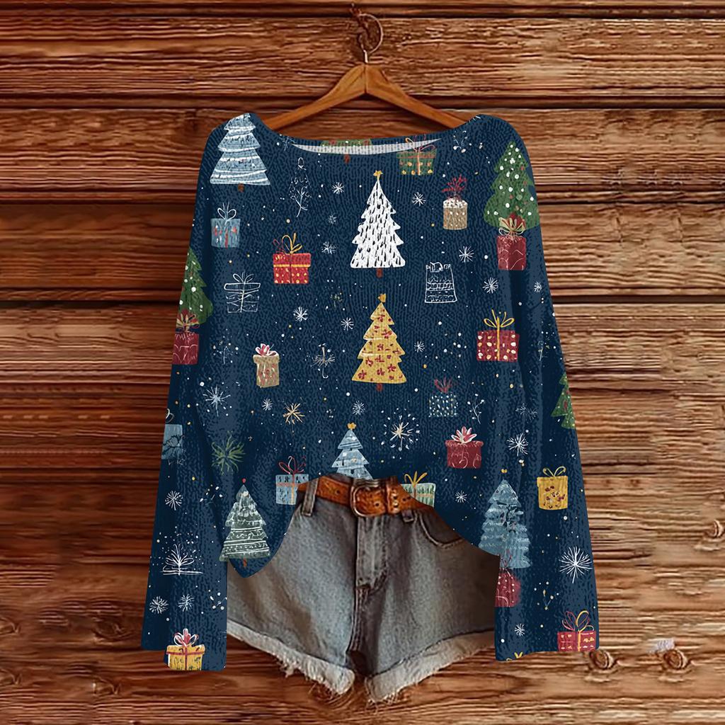 Women's Casual Fashion Round Neck Top Christmas Print Long Sleeve Knit Pullover