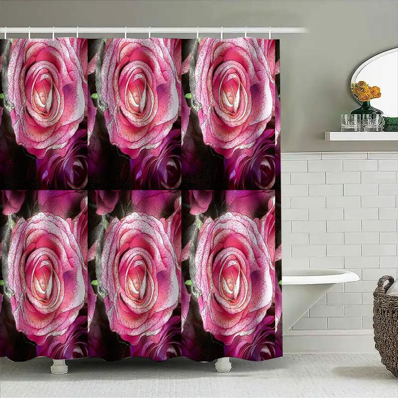 Luxurious Pink Rose Bath Shower Curtain Set 3D Printed Floral Decor for Bathroom, Waterproof Fabric Perfect Gift (Set of 6 Panel