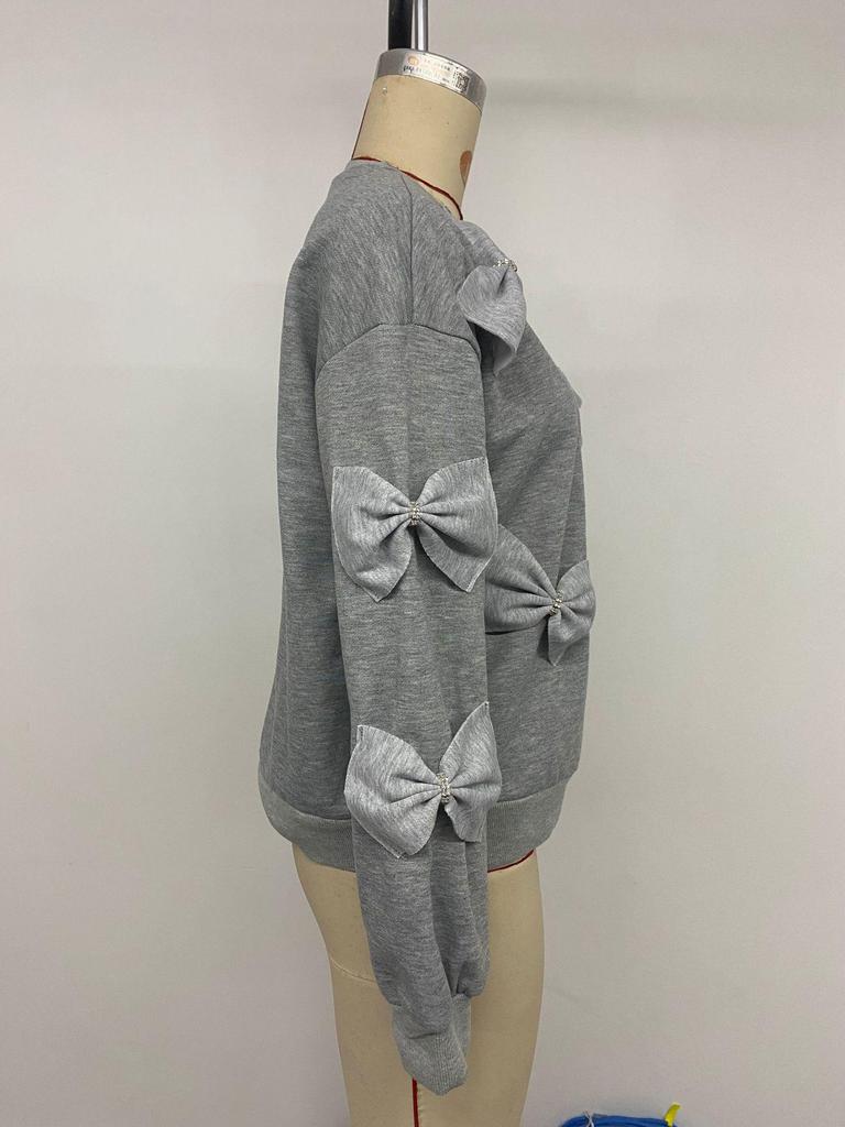 European & American Autumn Sweet Casual Bow Spliced Gray Round Neck Women's Sweatshirt
