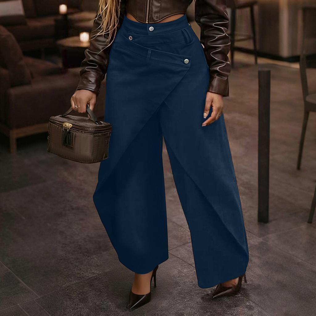 Damen Mode Lässig Vintage Weite Hosen Hohe Taille Lockere Passform Fließende Hosen Knopf Detail Leichter Stoff