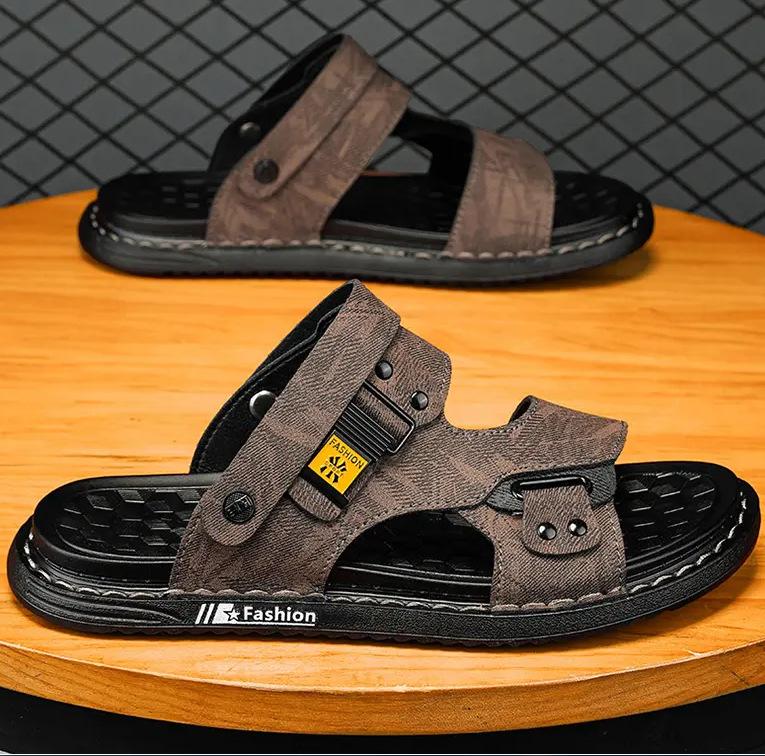 

Сандалии кожаные мужские летние нескользящие и износостойкие с мягкой подошвой сандалии для папы для вождения спортивные вьетнамские пляжные тапочки 44