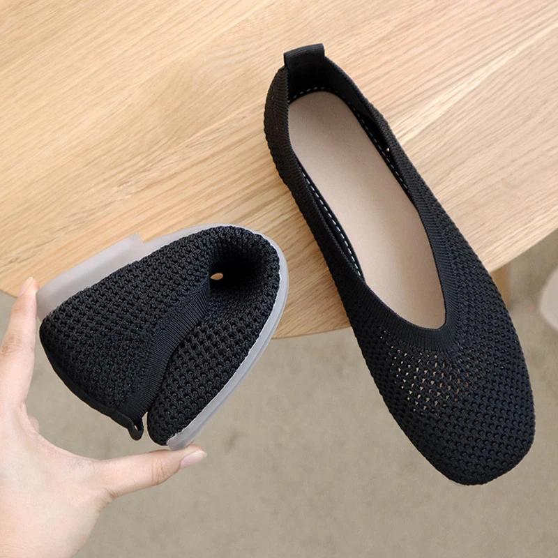 Spring Women Pointed Toe Ballet Flats summer Ladies Comfort Knit Fabric Slip on Shallow Loafers Office Soft Bottom Boat Shoes