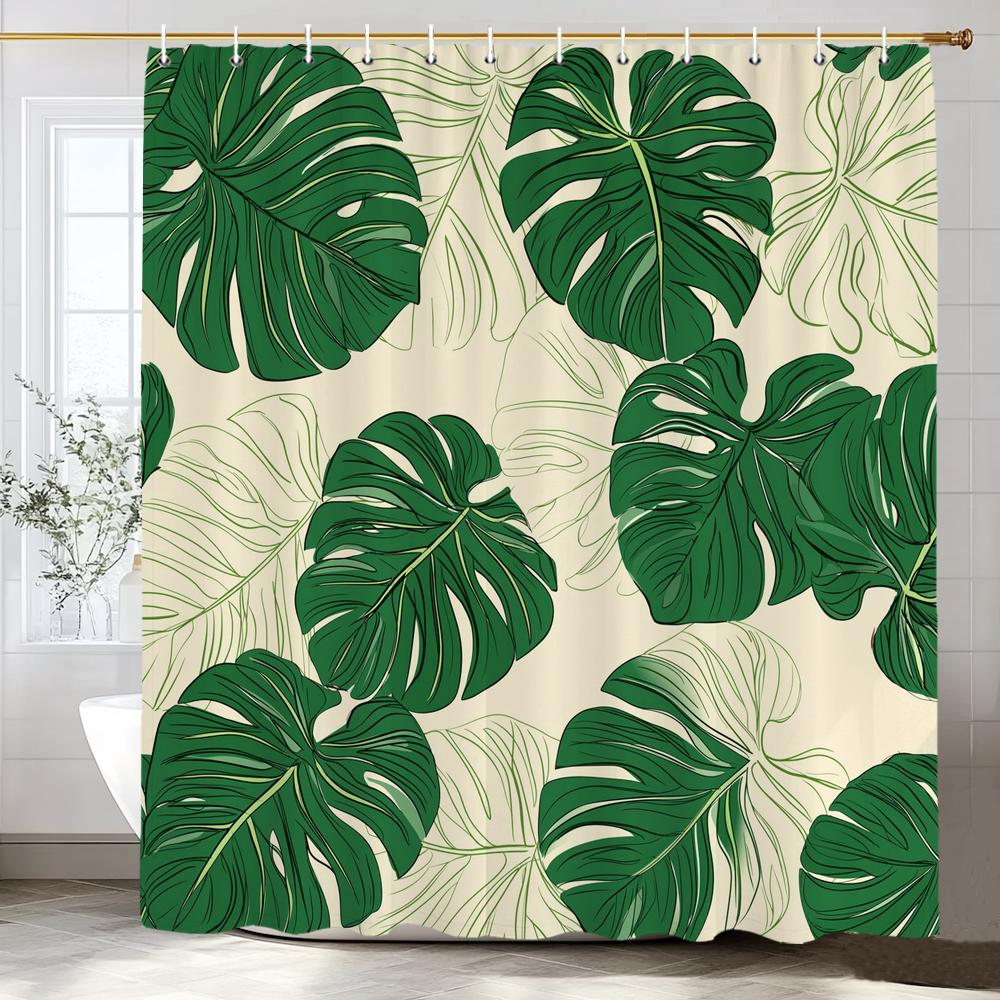Green Plants And Leaves Tropical Leaf Shower Curtain, Bathroom Decorative Shower Curtain, Print Fabric Home Curtain With Hooks