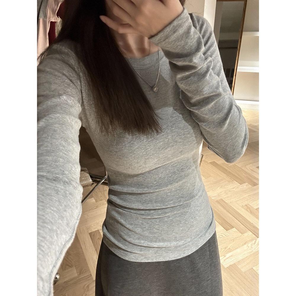 Women's Slim Fit Long-Sleeve T-Shirt, Solid Color, Ins Style, Brushed Fabric with Velvet Lining, Ideal Base Layer for All Seasons.