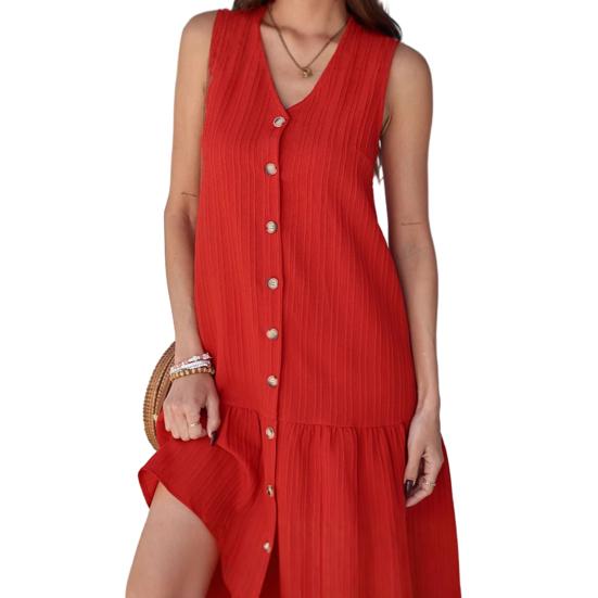 Summer Dress V-Neck Sleeveless Single-Breasted Solid Color Mini Dress Solid Color Loose