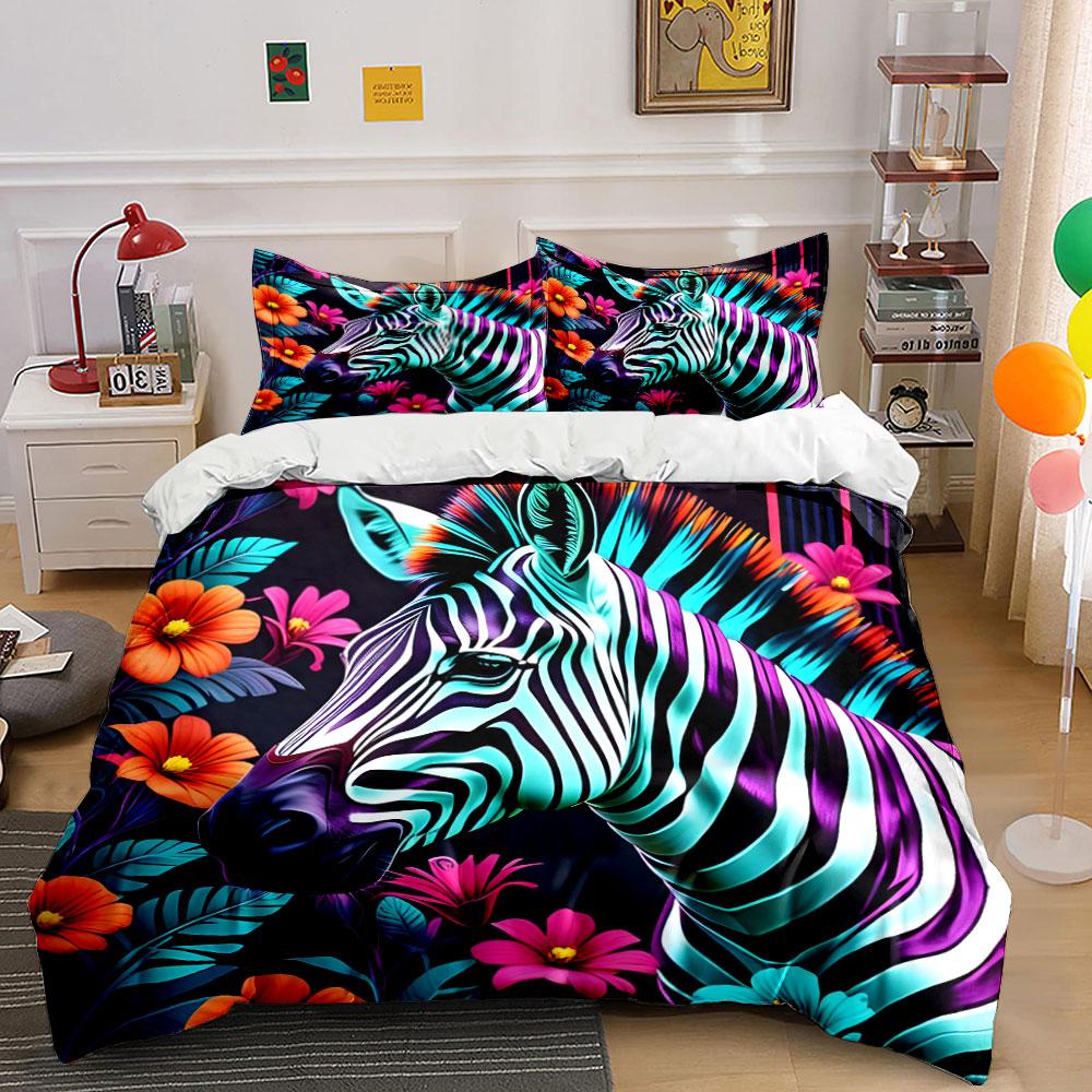 Colorful Zebra Floral Decor Soft Comfortable Duvet Cover Bedding Set Included 1*Duvet Cover & 2*Pillowcases, Gift