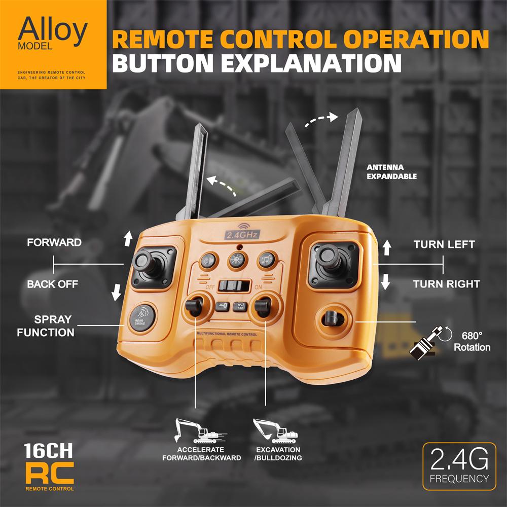 HJ Models 689-714A 1/16 2.4G 16CH RC Car Excavator Engineering Vehicle Alloy Bucket Digging 680°Rotation Spray LED Light RTR Toy