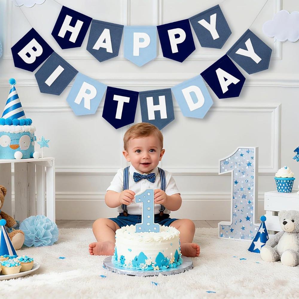 Happy Birthday Blue Felt Birthday Flag Baby Birthday Party Decoration Background Wall Banner Layout Supplies