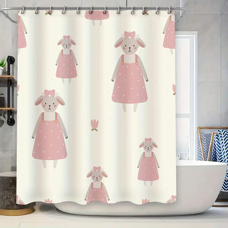 

Adorable Sheep Print Shower Curtain Pink And White Polka Dot Design For Bathroom Decor Waterproof Fabric Perfect Gift Idea W60H190(CM)-1 Pcs