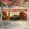 London Calling Metal License Plate -  Retro Aluminum Wall Art, London Landmark Design with Red Double-Decker Bus & Big Ben Clock