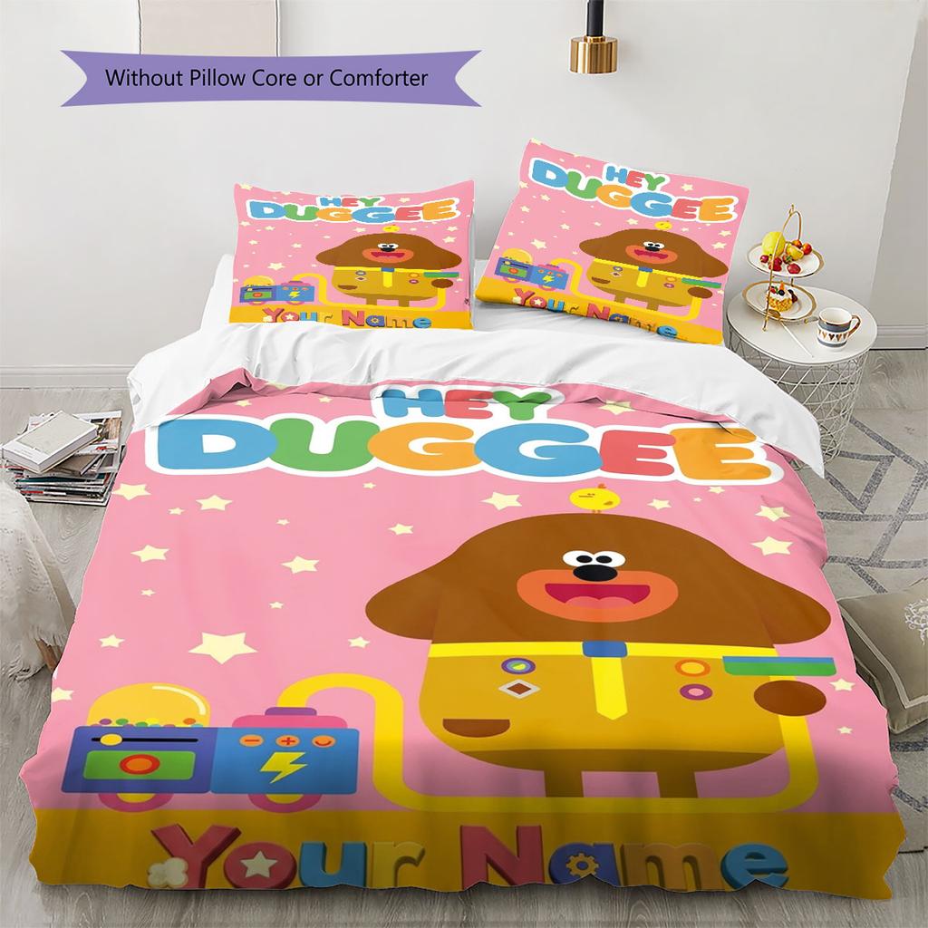 Hey Duggee Custom Name Pattern Bedding,Quilt Set Quilt Cover Pillowcase Home Birthday Gift(1 * duvet cover + 2 * pillowcase, without core)